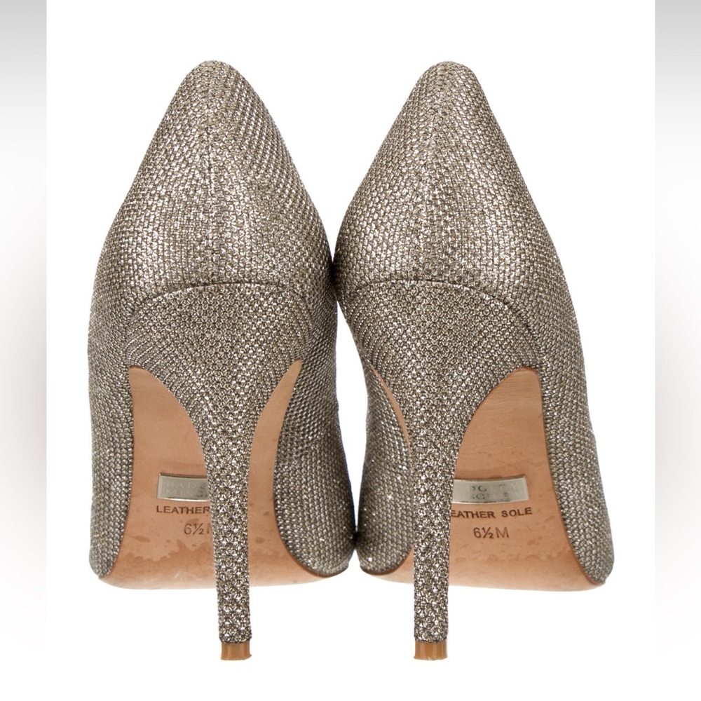 BADGLEY MISCHKA Jossie heels size US 6.5 silver metallic/tan & leather inside - Picture 14 of 15